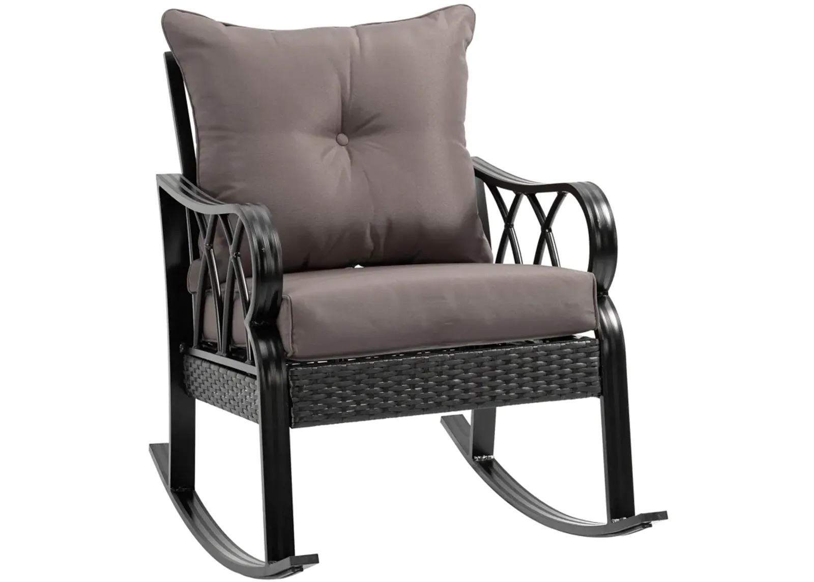 Grey Porch Rocker: Wicker Chair with Cushions and Aluminum Frame