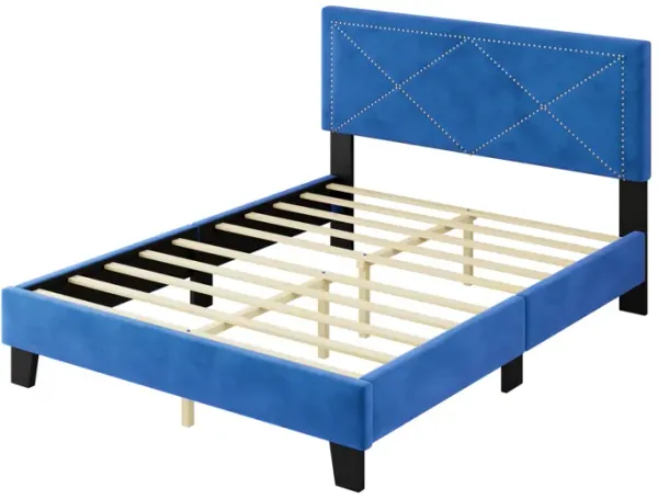 Blue Upholstered Queen Bedroom Set with Rivet Design, Nightstands, and Ottoman