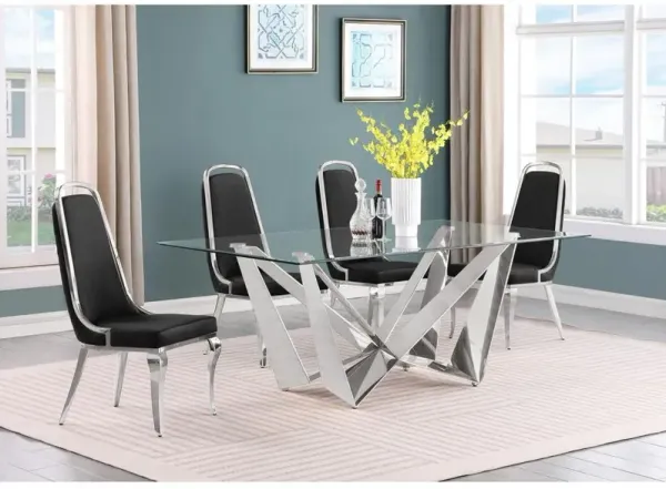 5pc Small(78") glass dining set with silver base and 6 Black side chairs