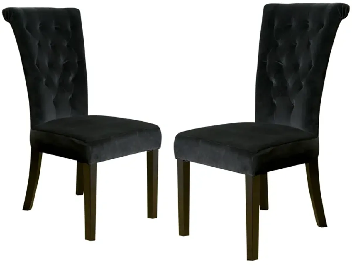 Chary Dining Chair Set of 2, Brown Wood, Classic Black Tufted Velvet - Benzara