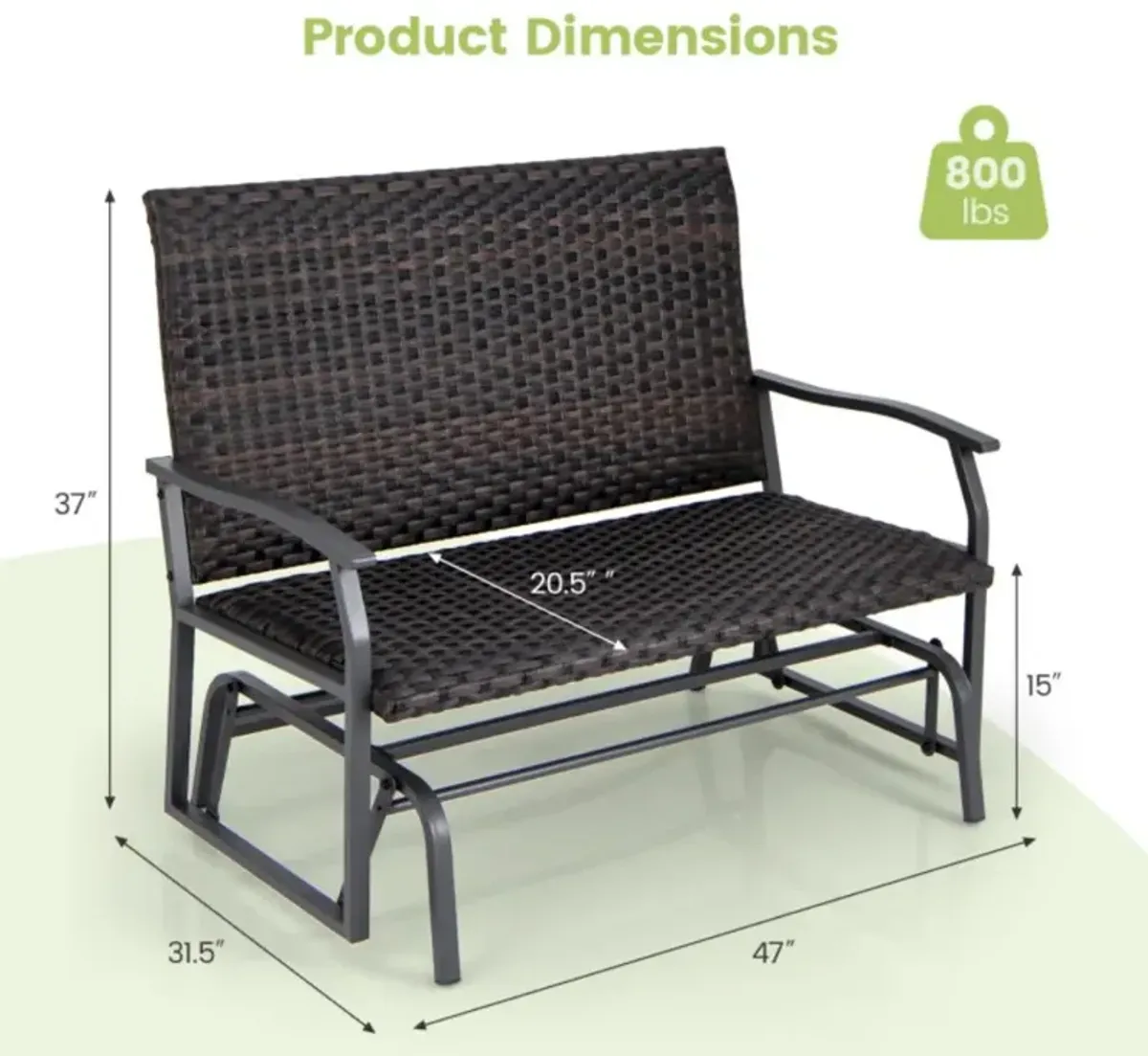 Hivvago All Weather Outdoor 2-Person Swing Glider Bench with Quick Dry Foam Seat-Brown