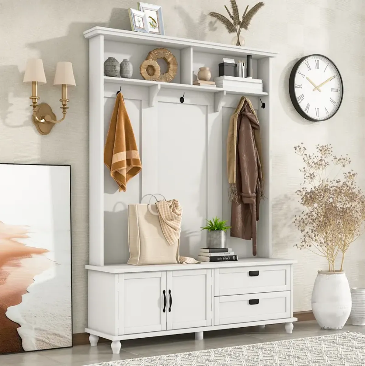 Modern Hall Tree with Storage Cabinet and 2 Large Drawers, Mudroom Bench with 5 Coat Hooks