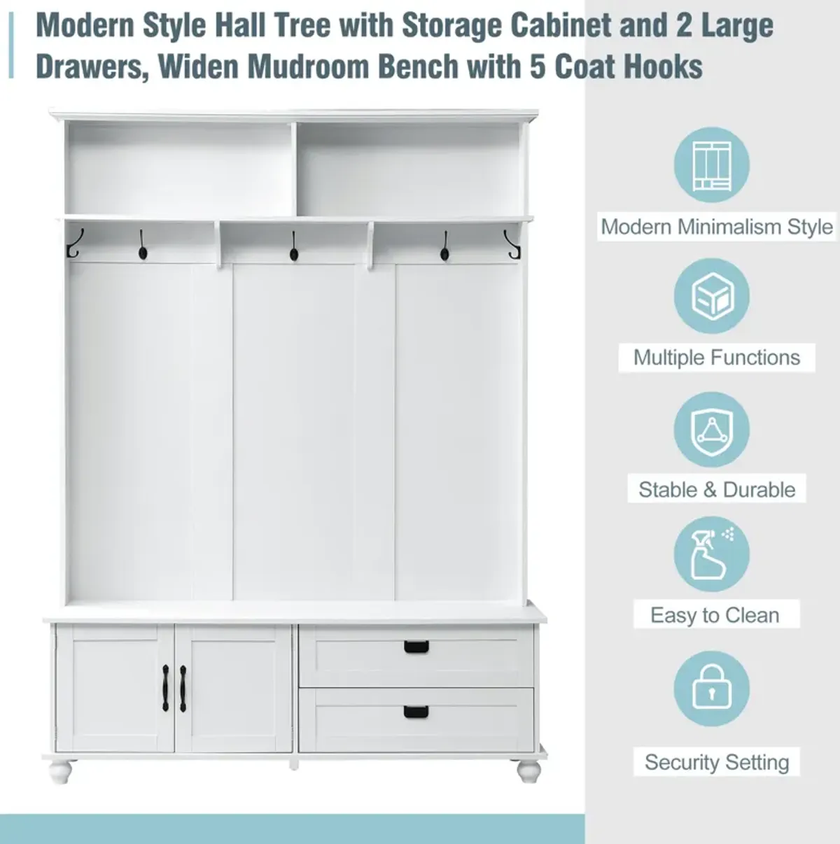 Modern Hall Tree with Storage Cabinet and 2 Large Drawers, Mudroom Bench with 5 Coat Hooks