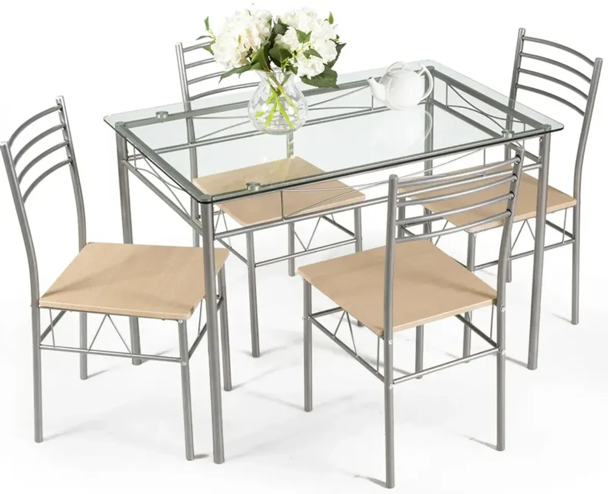 5 Pieces Dining Set Glass Table and 4 Chairs