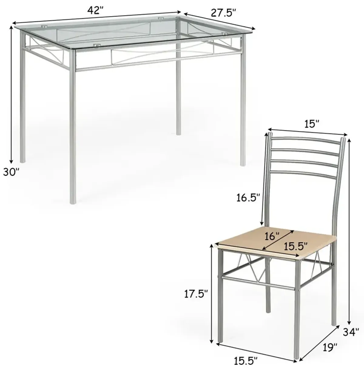 5 Pieces Dining Set Glass Table and 4 Chairs