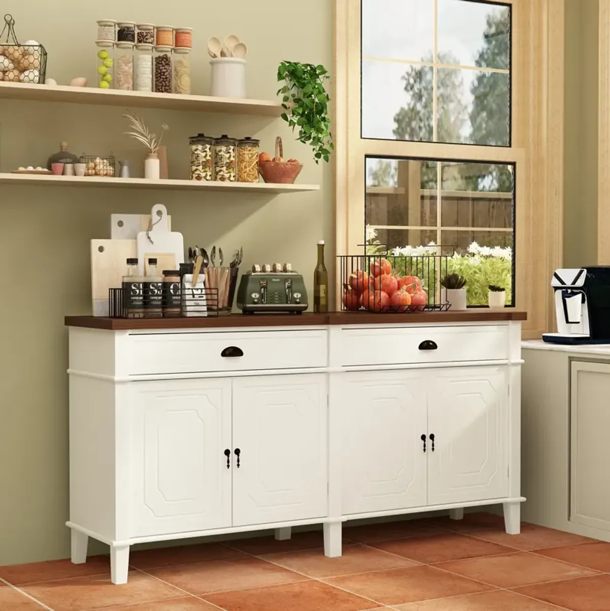 FUFU&GAGA Classic Sideboard with Walnut Top, Ample Storage with Drawers and Cabinets (63" W x 15.7" D x 31.5" H),White