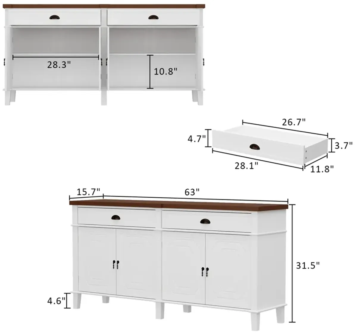 FUFU&GAGA Classic Sideboard with Walnut Top, Ample Storage with Drawers and Cabinets (63" W x 15.7" D x 31.5" H),White