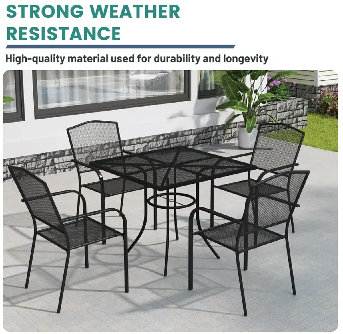 MONDAWE Steel Mesh Table Square Dining Table With Umbrella Hole For Patios