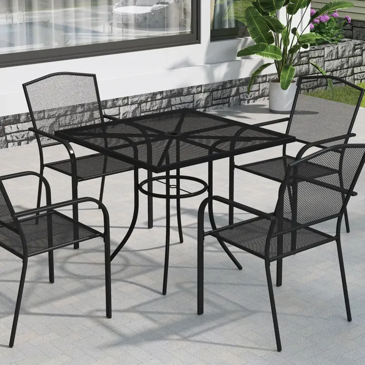 MONDAWE Steel Mesh Table Square Dining Table With Umbrella Hole For Patios