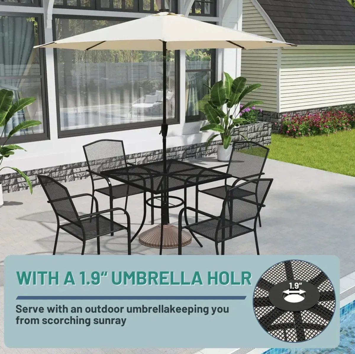 MONDAWE Steel Mesh Table Square Dining Table With Umbrella Hole For Patios