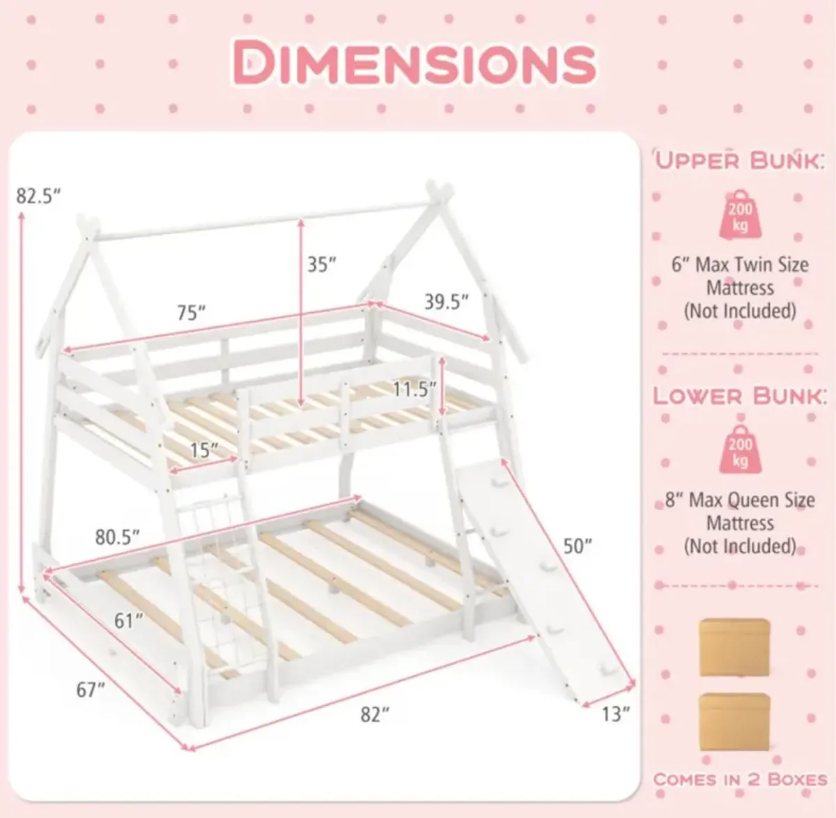 Hivvago Twin Over Queen Bunk Bed Wooden Kids Bed with Climbing Nets and Ramp