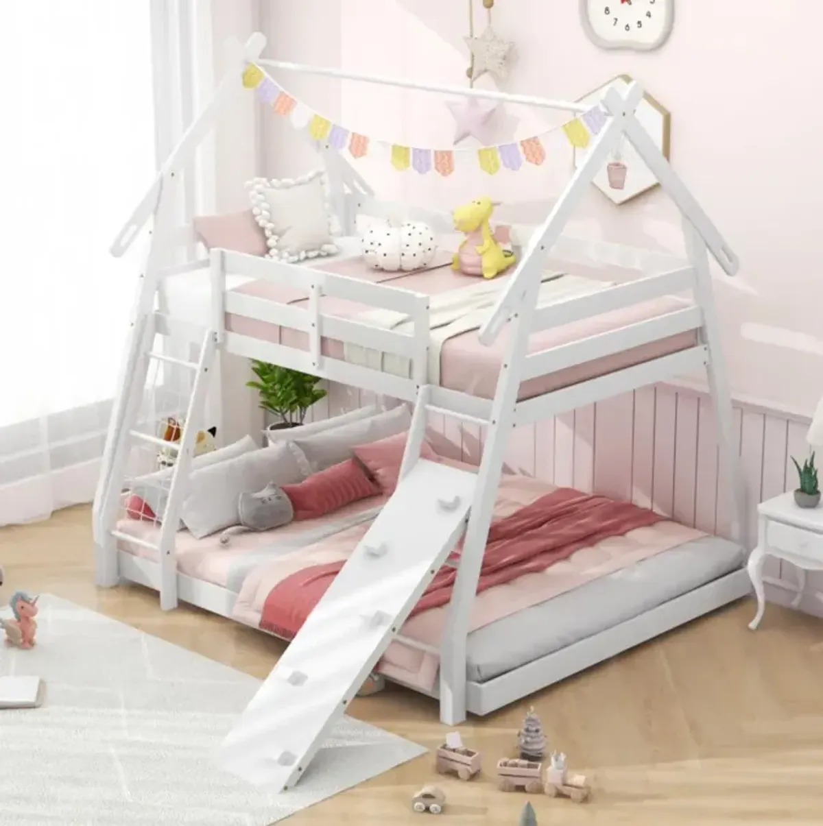 Hivvago Twin Over Queen Bunk Bed Wooden Kids Bed with Climbing Nets and Ramp