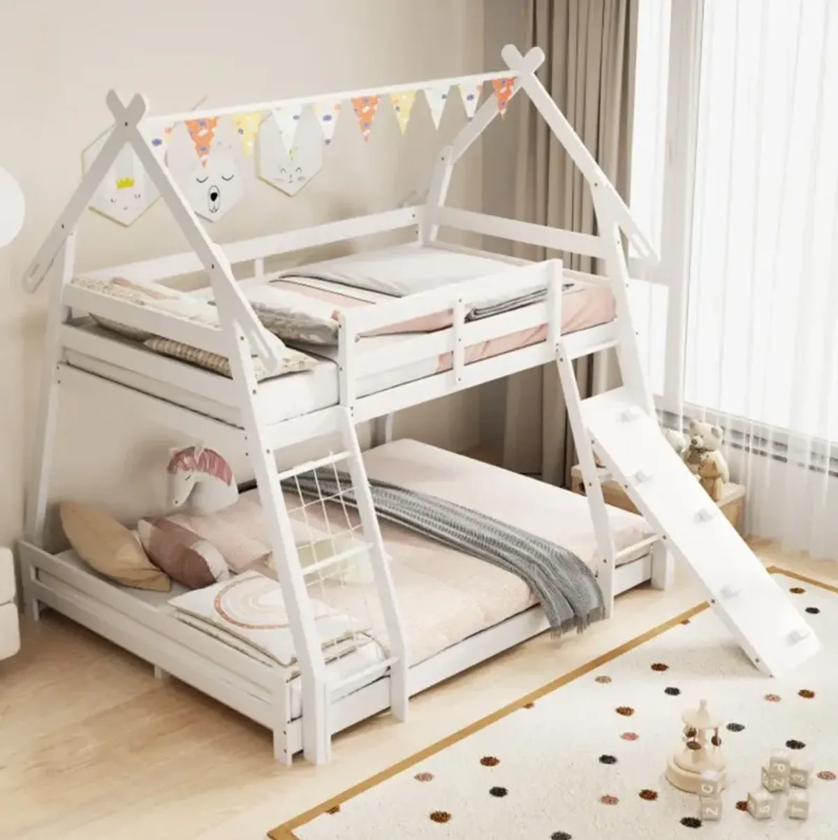 Hivvago Twin Over Queen Bunk Bed Wooden Kids Bed with Climbing Nets and Ramp