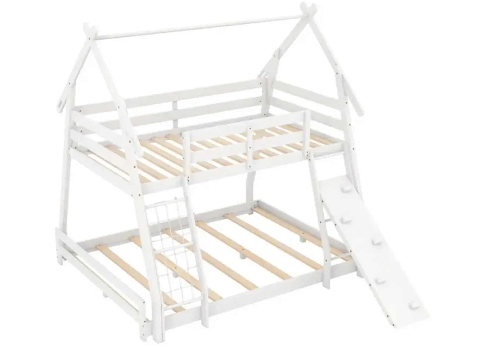 Hivvago Twin Over Queen Bunk Bed Wooden Kids Bed with Climbing Nets and Ramp