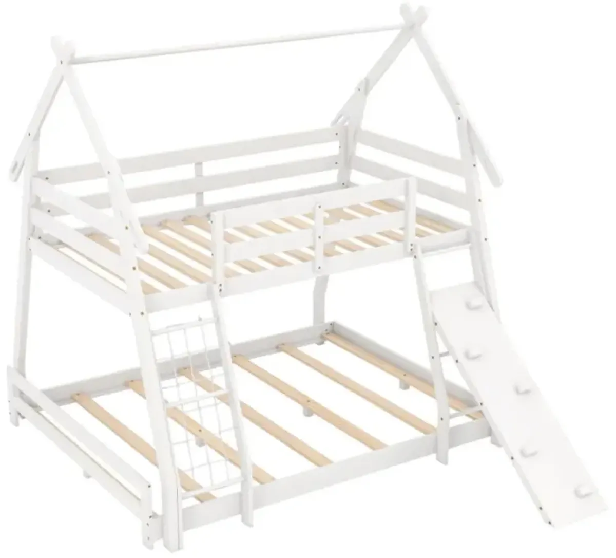 Hivvago Twin Over Queen Bunk Bed Wooden Kids Bed with Climbing Nets and Ramp