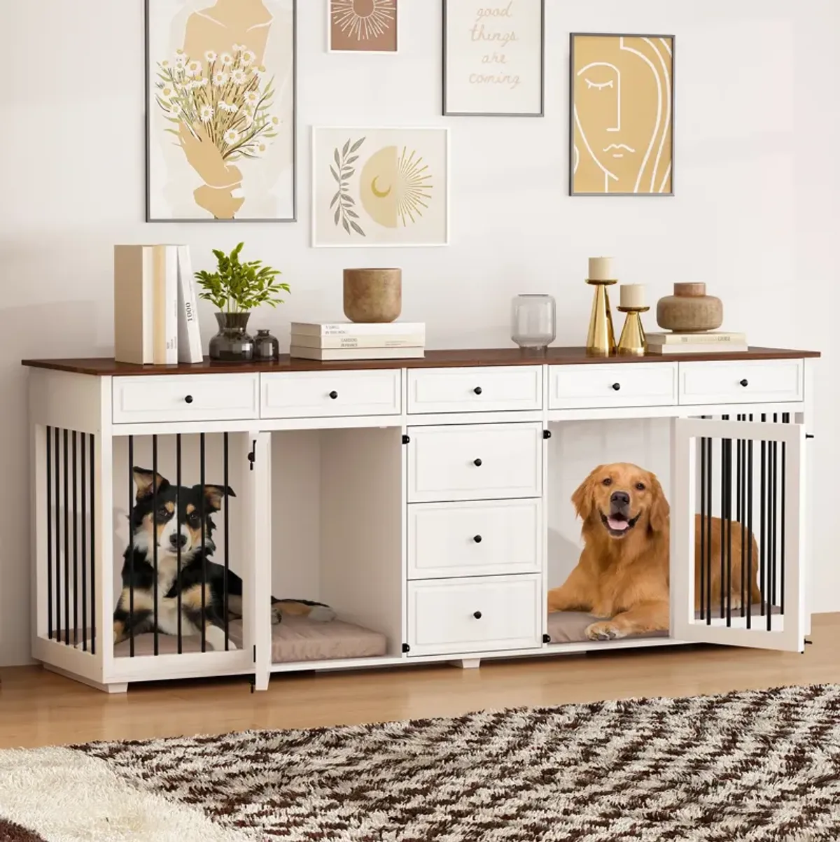 89 In. Large Dog Crate Furniture With 8 Drawers, Indoor XL Heavy Duty Wooden Dog House Kennel for 2 Medium Dogs, White