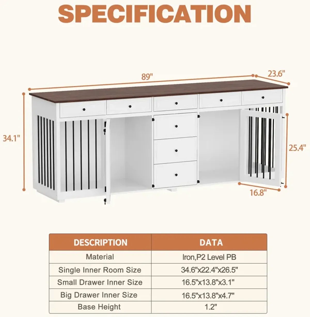 89 In. Large Dog Crate Furniture With 8 Drawers, Indoor XL Heavy Duty Wooden Dog House Kennel for 2 Medium Dogs, White