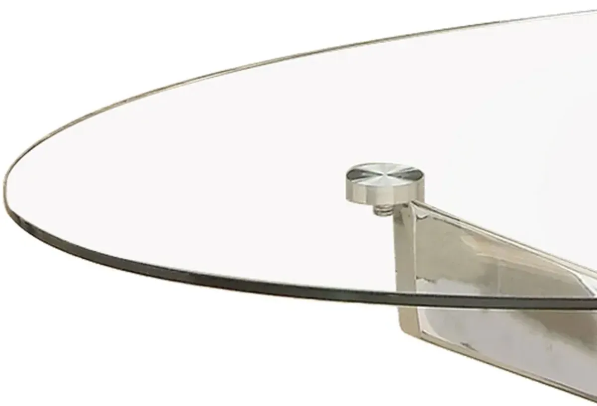 Oval Shape Glass Top Coffee Table with Criss Cross Base, Silver and Clear-Benzara