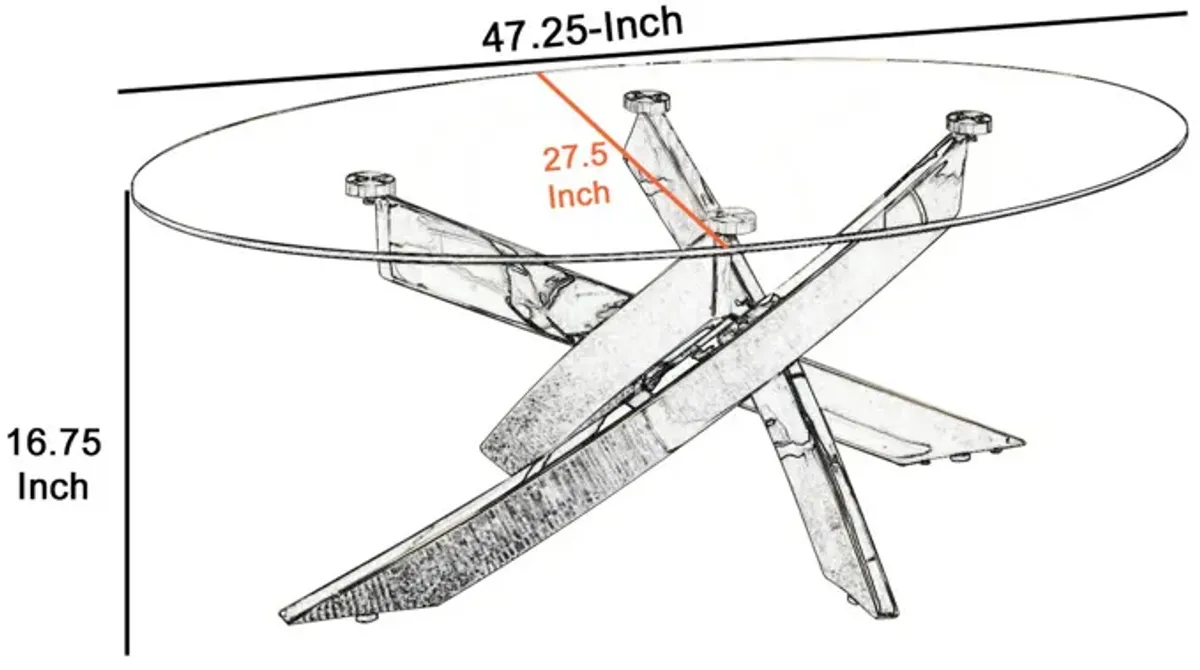 Oval Shape Glass Top Coffee Table with Criss Cross Base, Silver and Clear-Benzara
