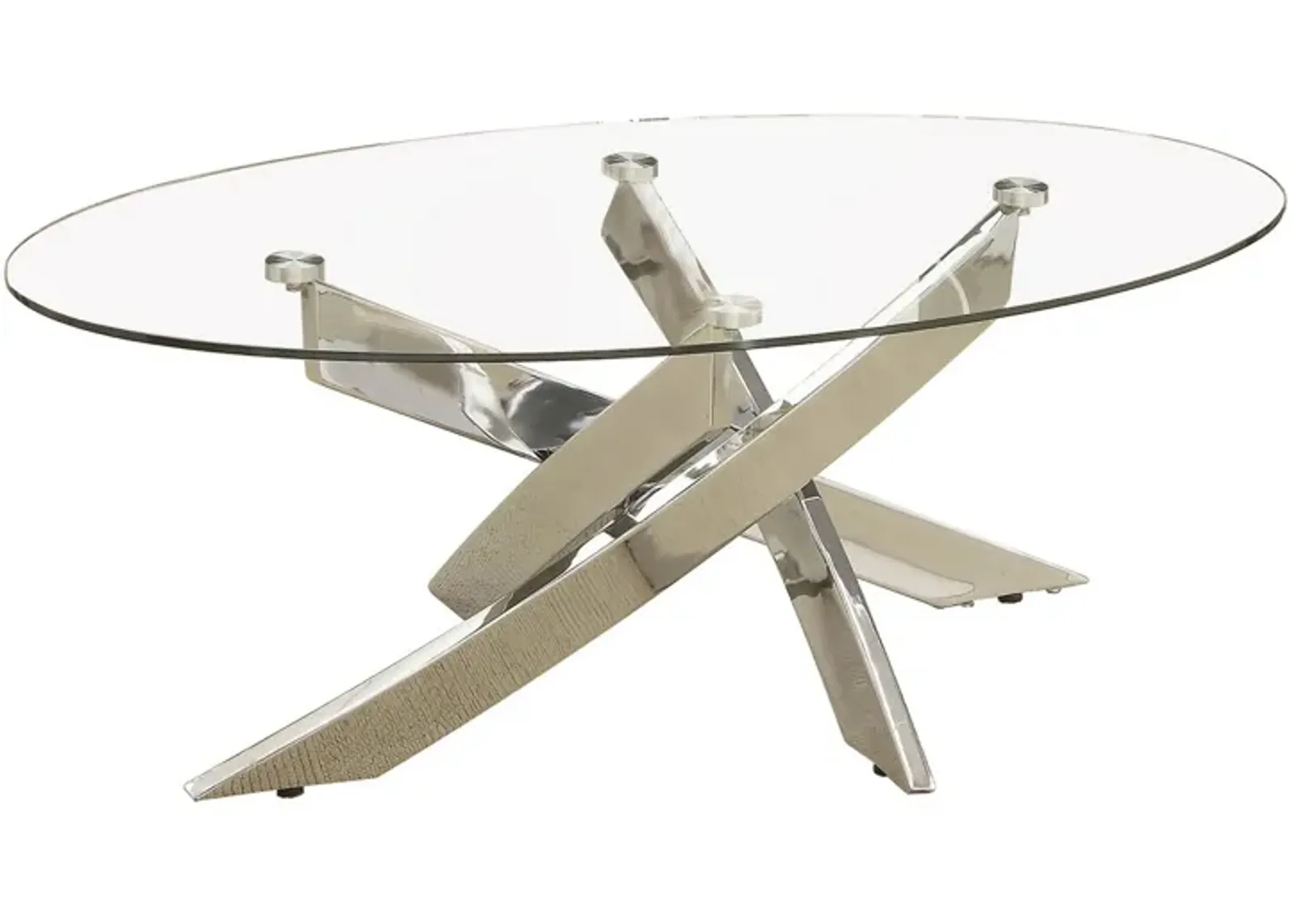 Oval Shape Glass Top Coffee Table with Criss Cross Base, Silver and Clear-Benzara