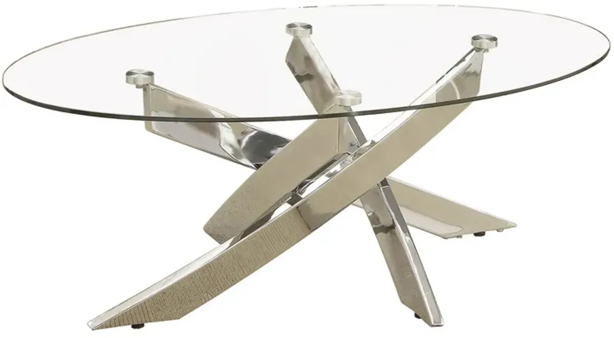 Oval Shape Glass Top Coffee Table with Criss Cross Base, Silver and Clear-Benzara