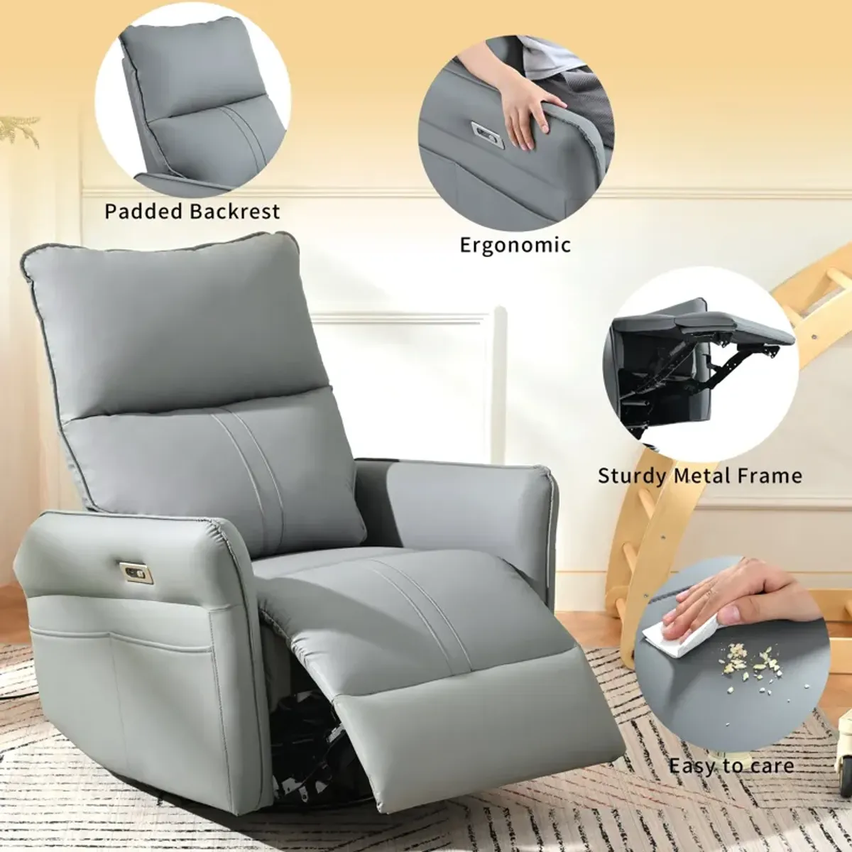 Mondawe 270° Power Swivel Rocker Recliner Chair, PU Leather Electric Glider with USB Ports