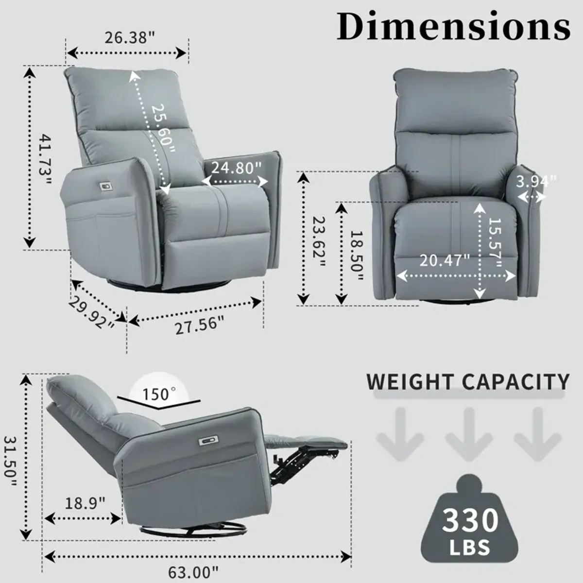 Mondawe 270° Power Swivel Rocker Recliner Chair, PU Leather Electric Glider with USB Ports