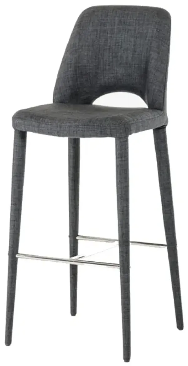 Cid 30 Inch Modern Curved Barstool, Gray Fabric Wrapping, Cut Out Back-Benzara