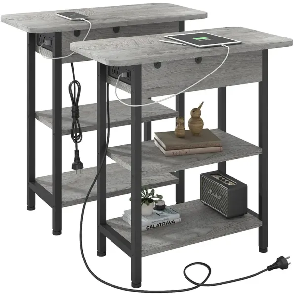 LIDYUK End Table with Charging Station, Set of 2 Flip Top Narrow Side Table for Small Spaces, Nightstands Set of 2 for Bedroom,