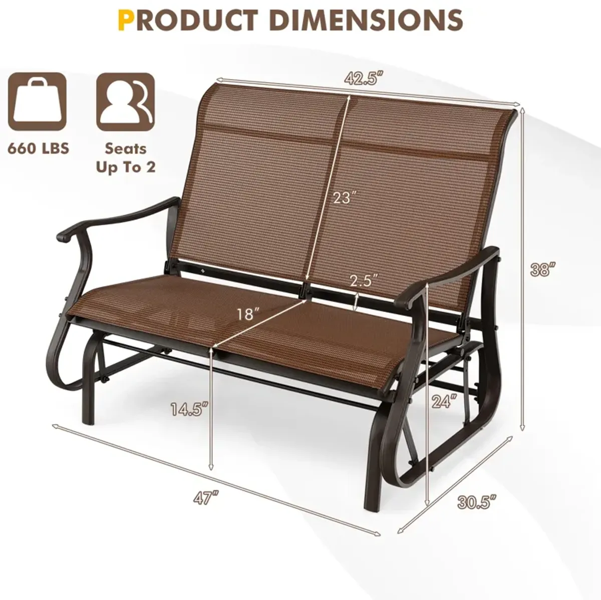 2-Person Patio Glider Bench with High Back and Curved Armrests-Brown