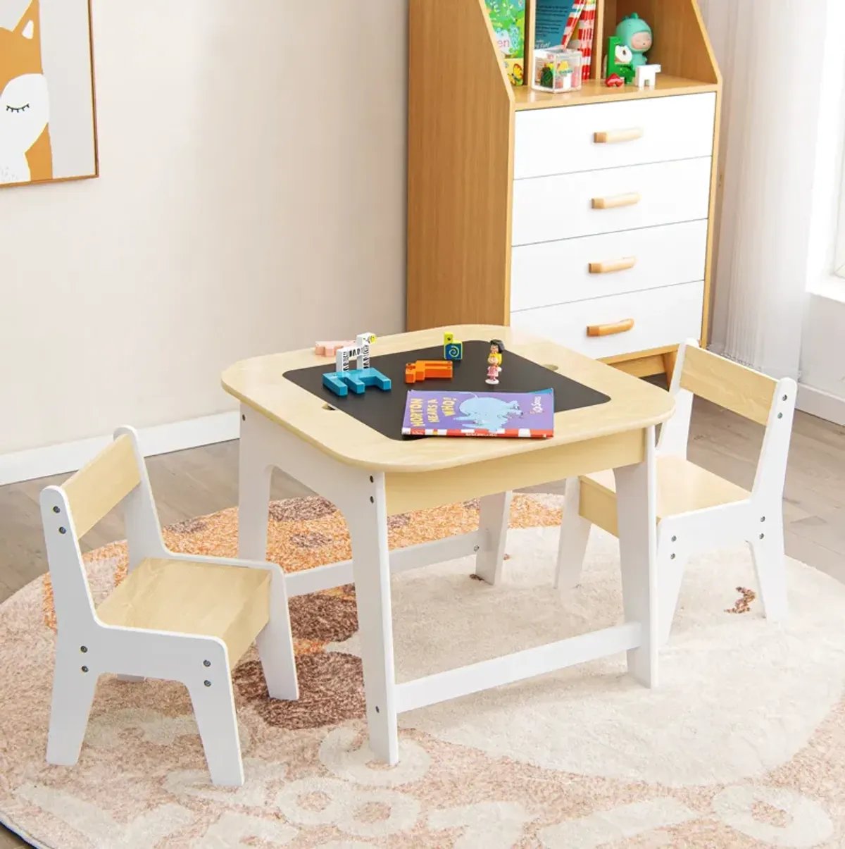 Kid's Table and Chairs Set with Double-sized Tabletop