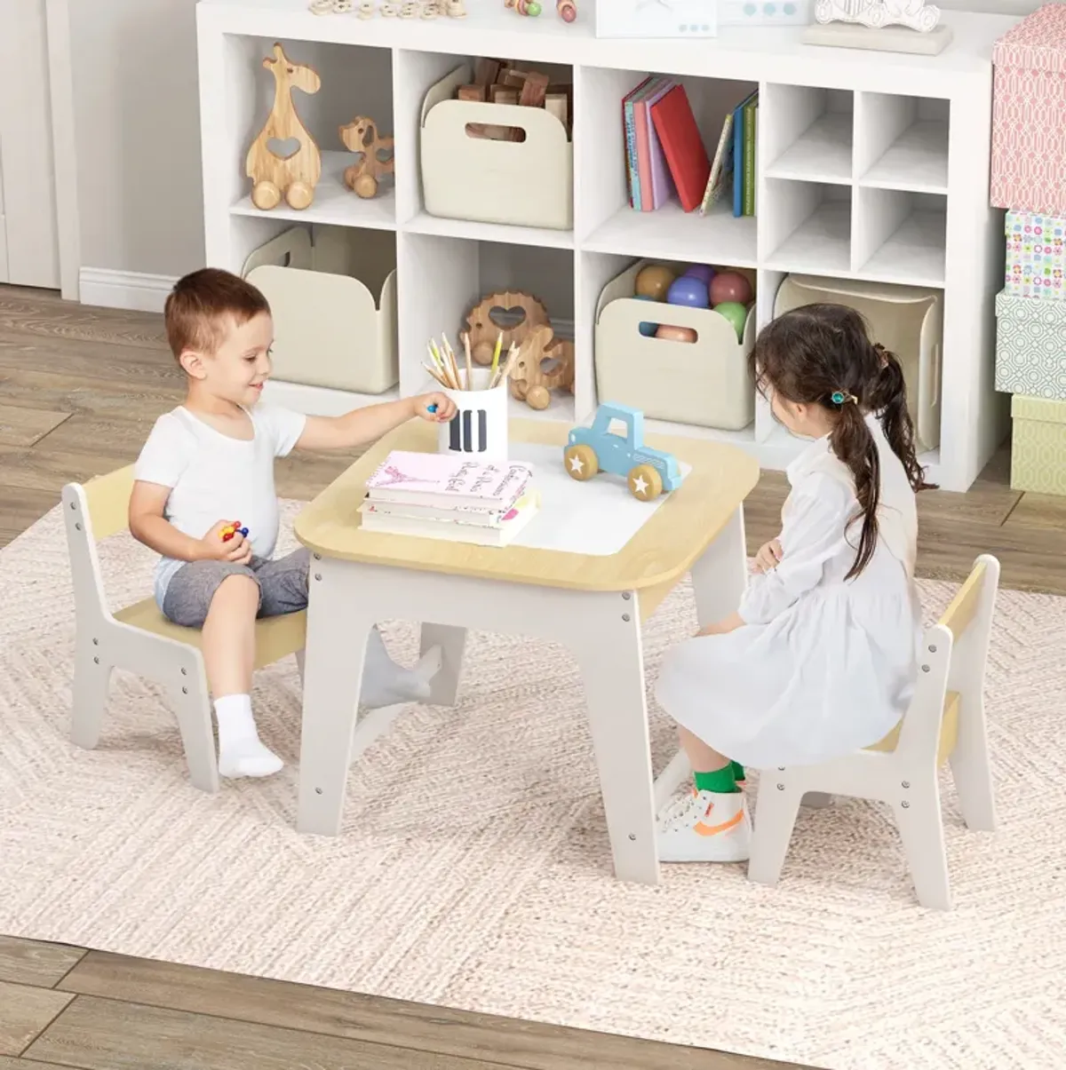 Kid's Table and Chairs Set with Double-sized Tabletop