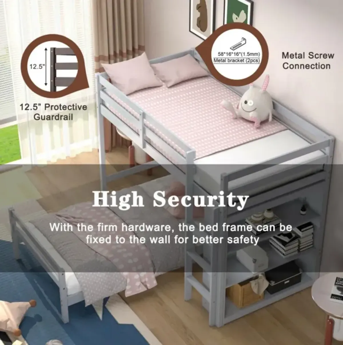 Hivvago Twin Over Twin Loft Bunk Bed with 3-Tier Bookcase