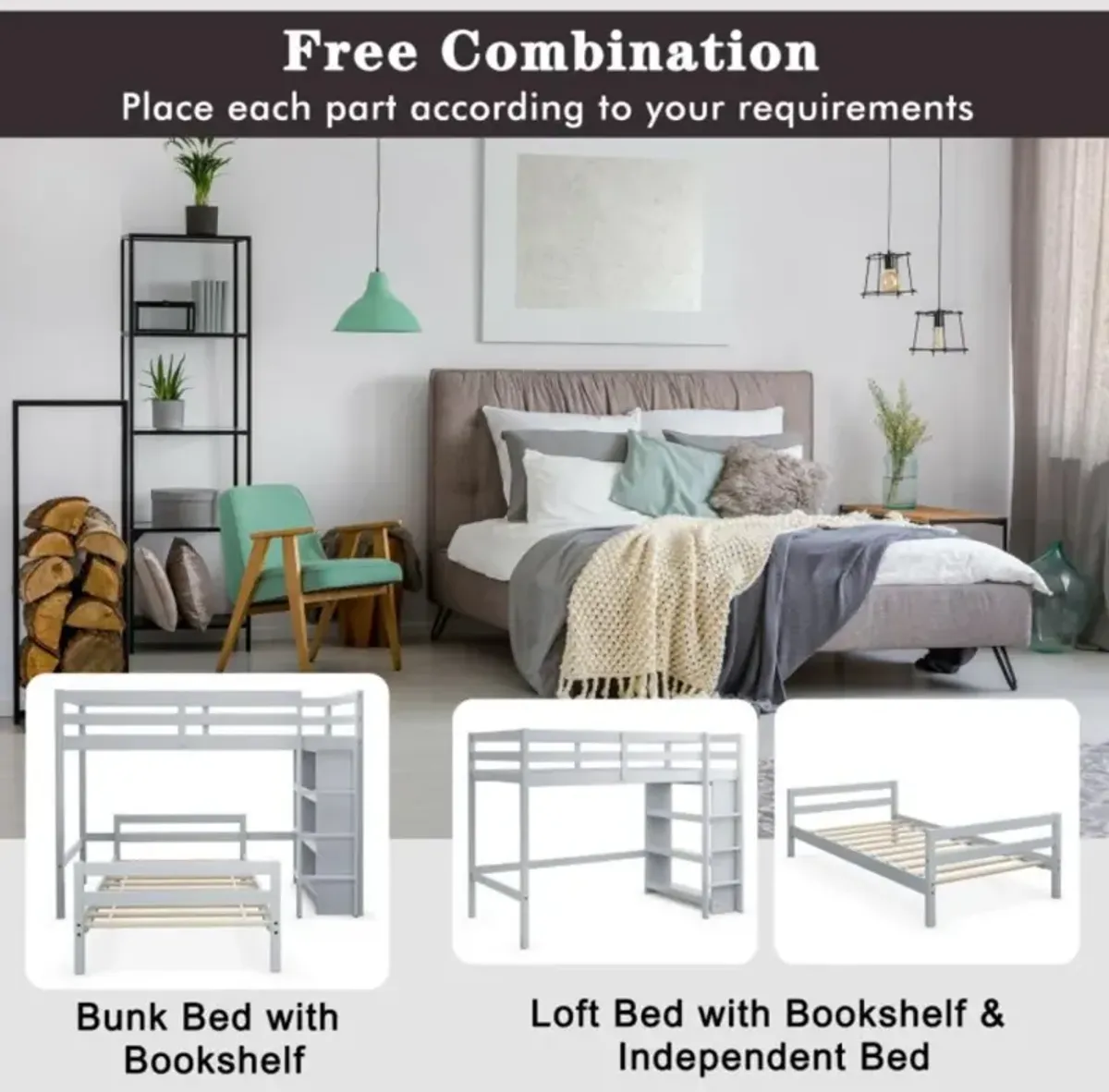 Hivvago Twin Over Twin Loft Bunk Bed with 3-Tier Bookcase