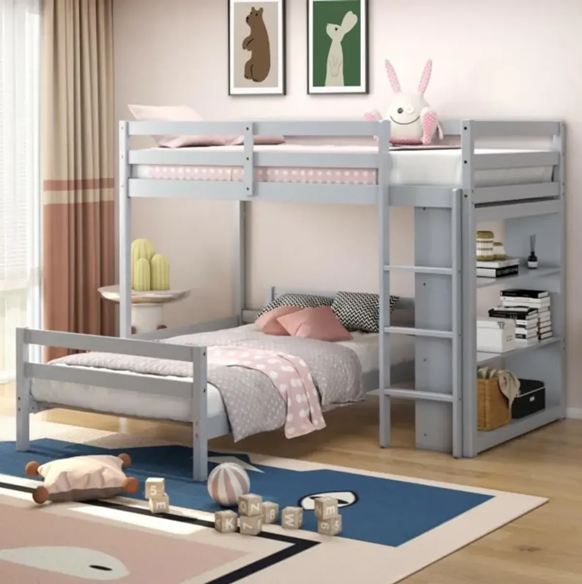 Hivvago Twin Over Twin Loft Bunk Bed with 3-Tier Bookcase