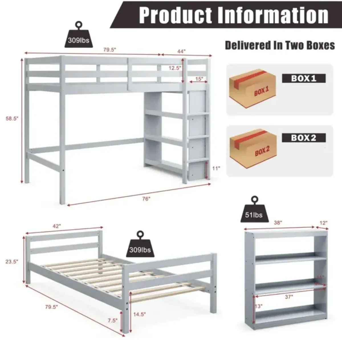 Hivvago Twin Over Twin Loft Bunk Bed with 3-Tier Bookcase