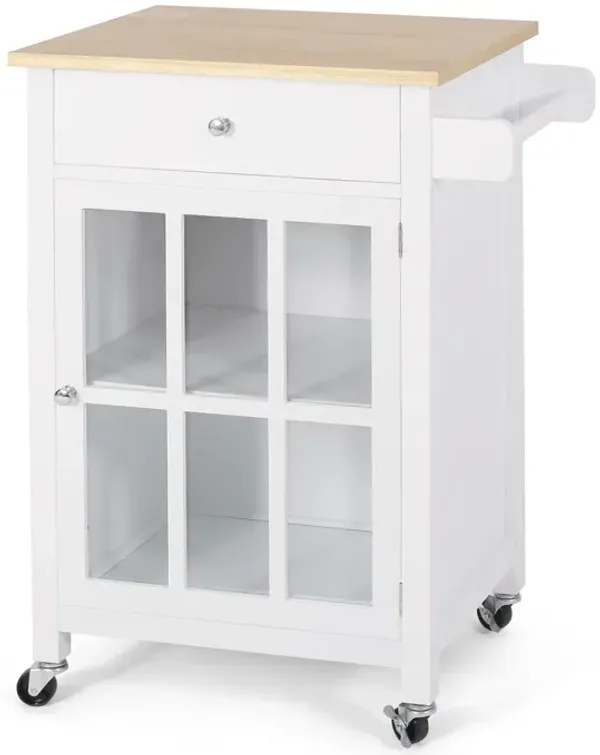 Rolling Kitchen Island Bar Cart, Glass Door, 1 Drawer, White, Brown - Benzara