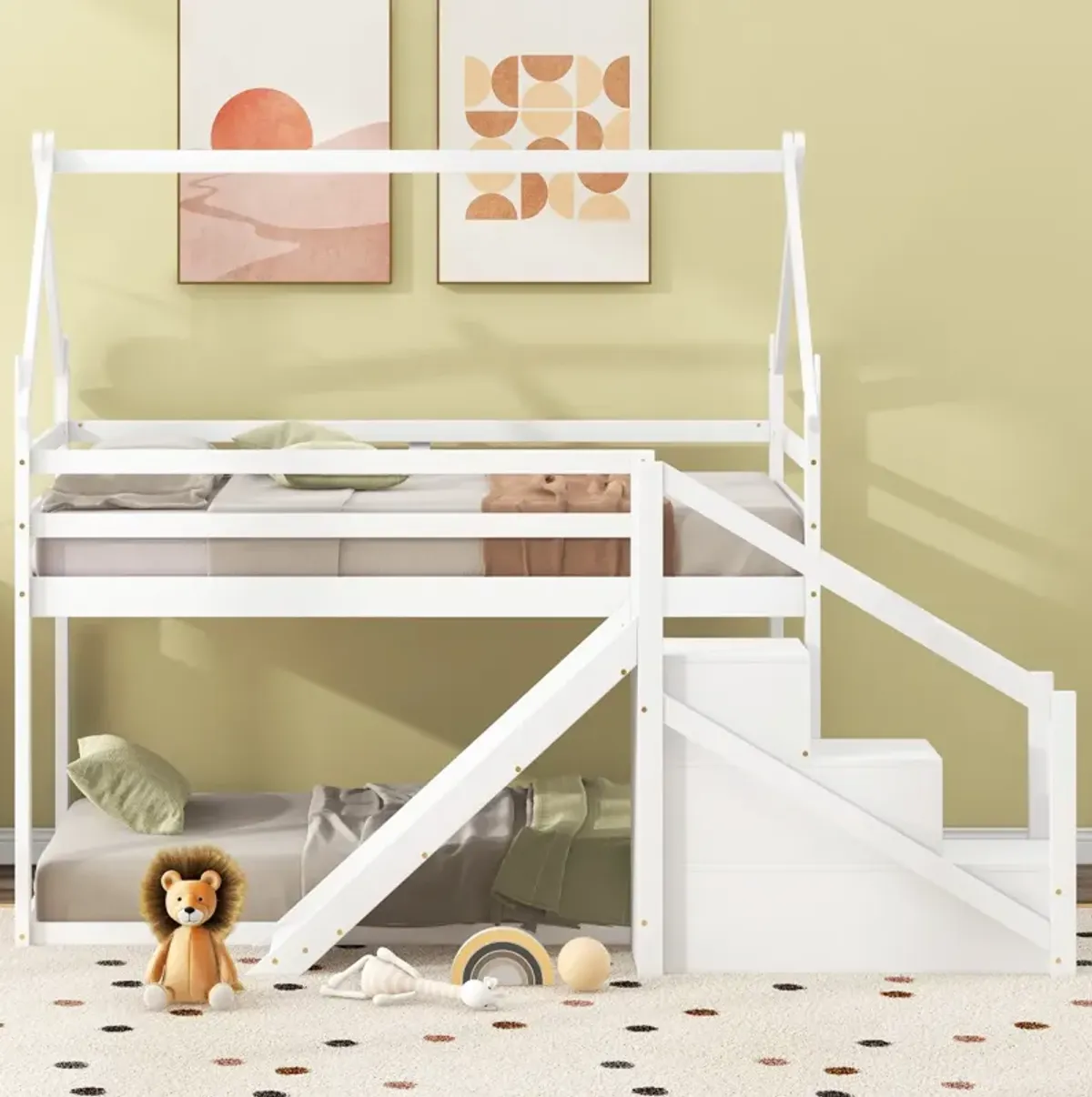 Twin Over Twin House Loft Or Bunk Bed With Slide And Staircase