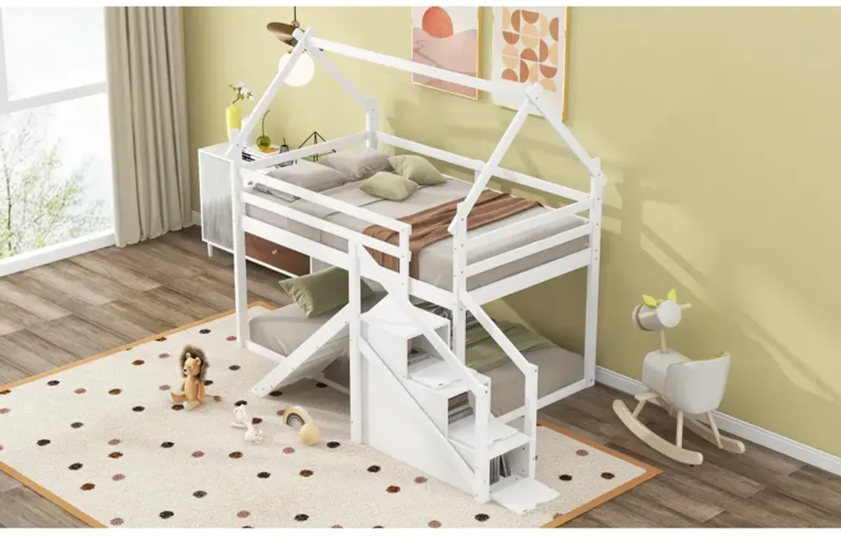 Twin Over Twin House Loft Or Bunk Bed With Slide And Staircase