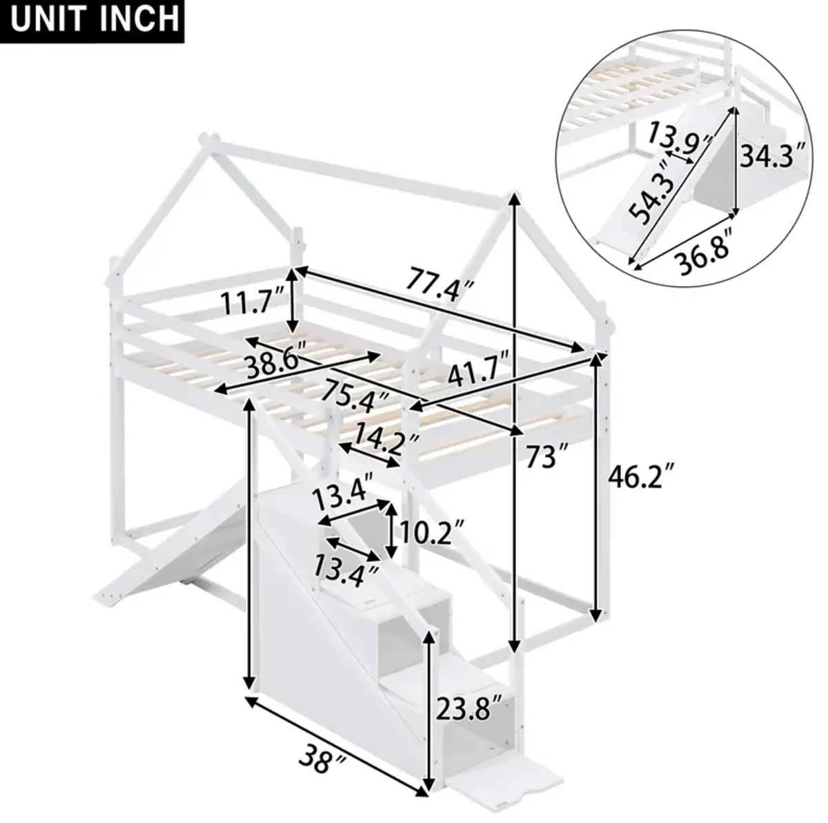 Twin Over Twin House Loft Or Bunk Bed With Slide And Staircase