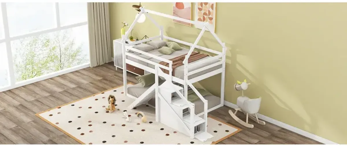 Twin Over Twin House Loft Or Bunk Bed With Slide And Staircase