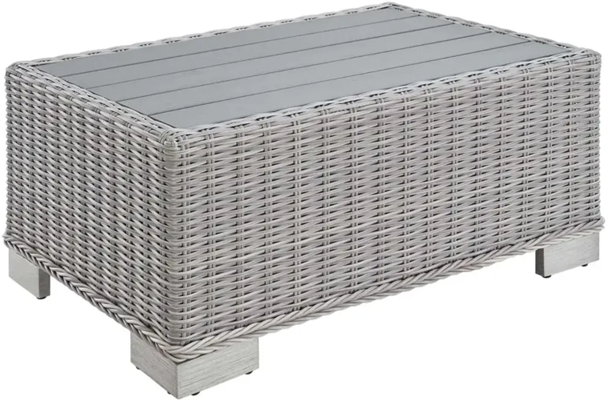 Conway Outdoor Patio Wicker Rattan Coffee Table|Light Gray|UV Resistant|Aluminum Frame|Planked Wood-Like Top|32 Modern Design