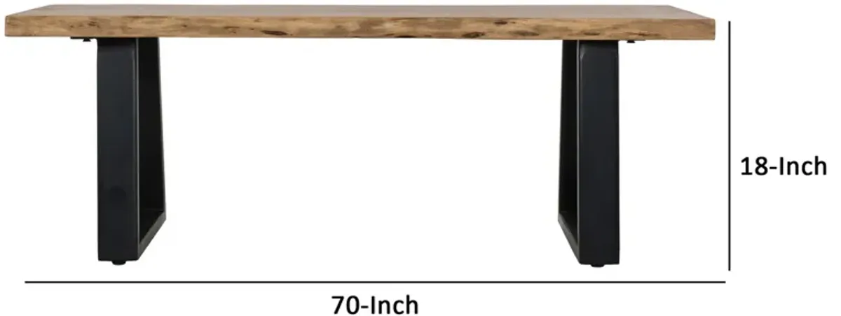 70 Inch Modern Dining Bench, Wood Seat Top and Trapezoidal Iron Legs, Black-Benzara