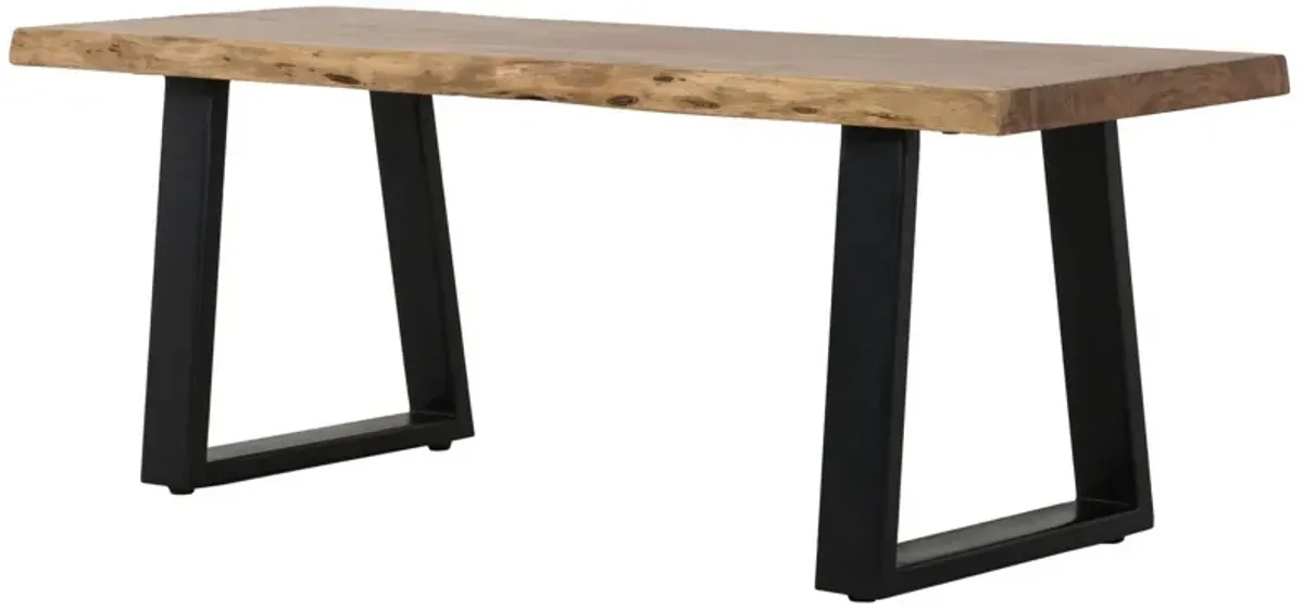 70 Inch Modern Dining Bench, Wood Seat Top and Trapezoidal Iron Legs, Black-Benzara