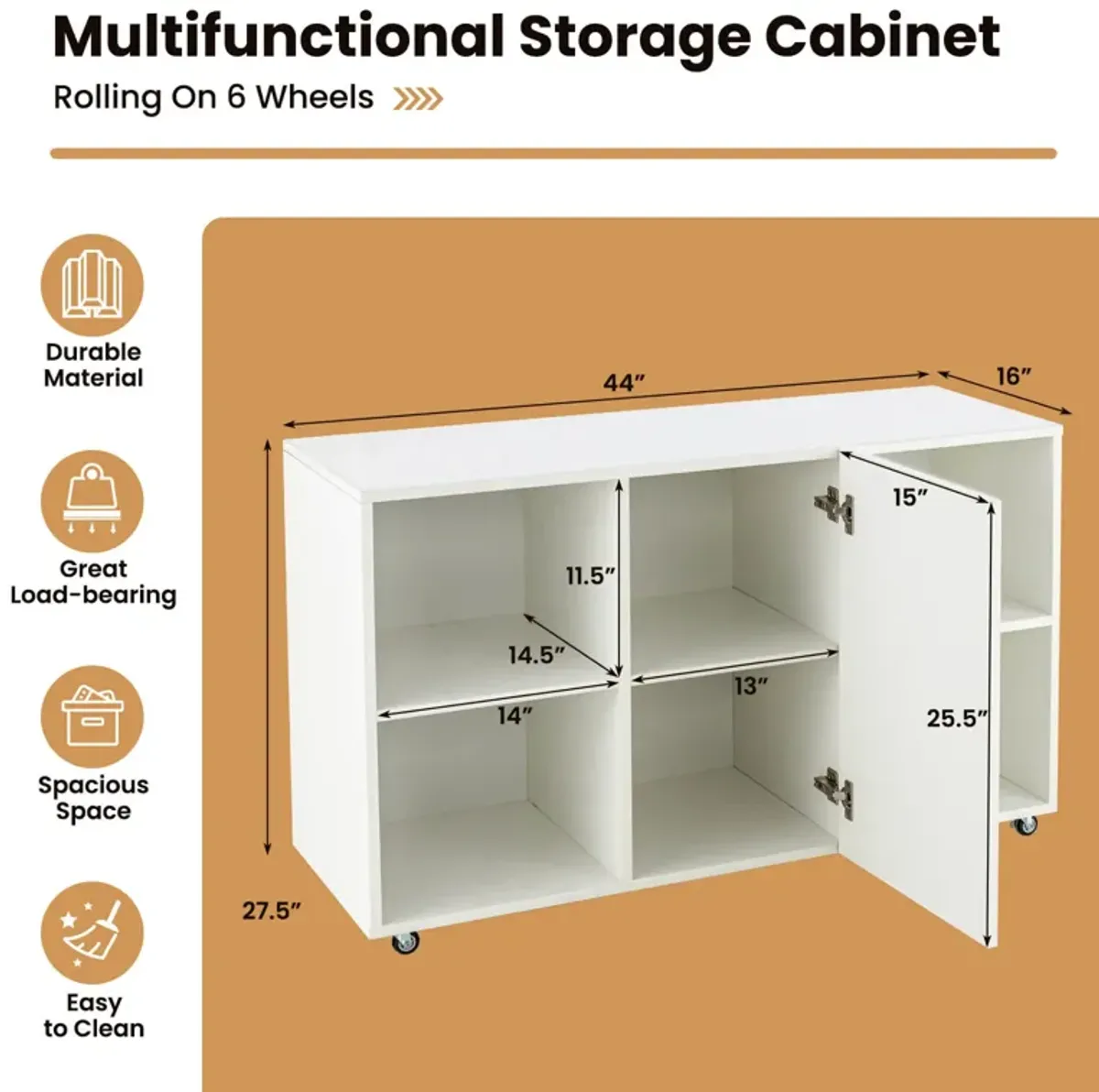 Wood Storage Cabinet with Wheels and 6 Compartments