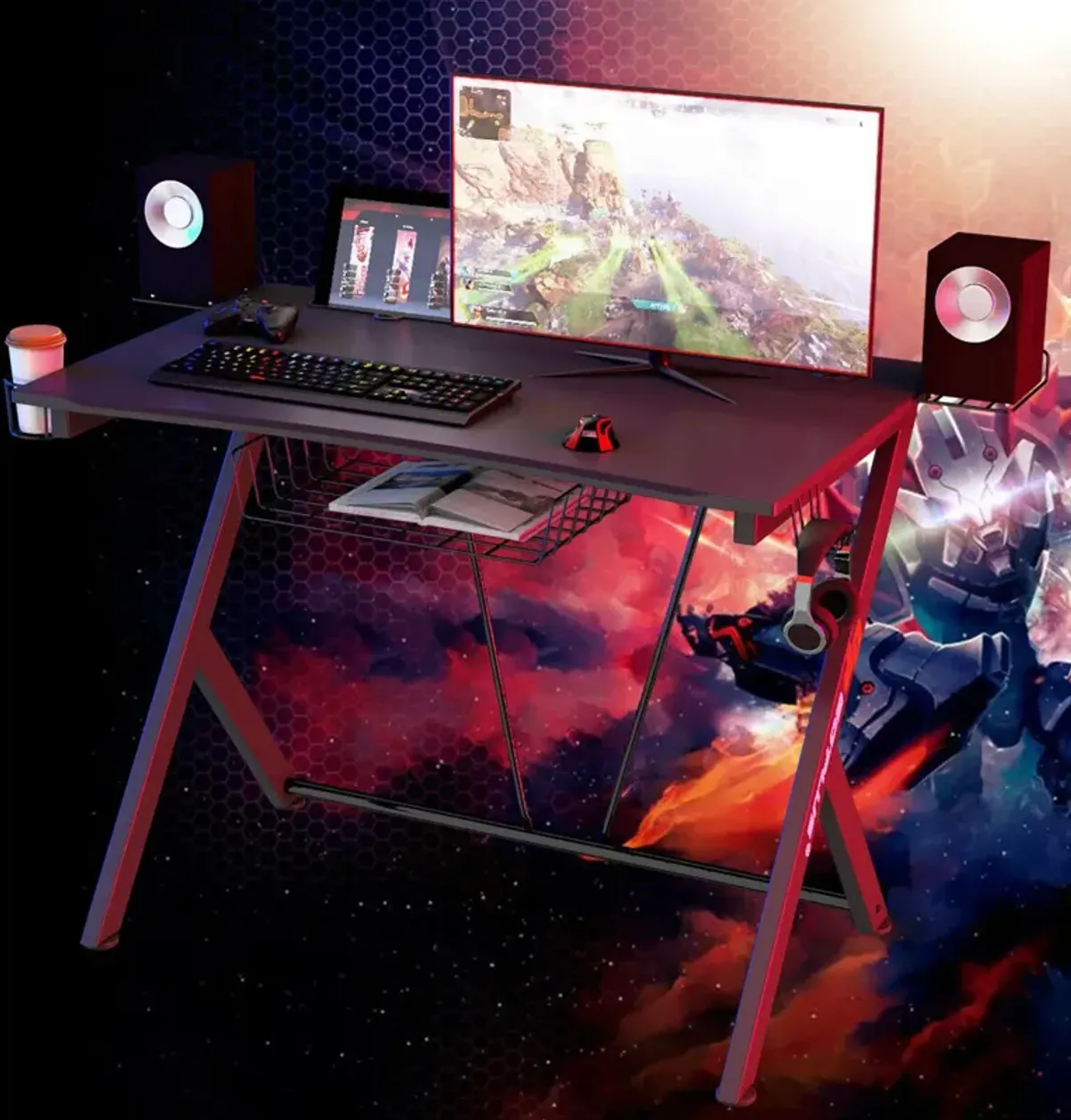 Multifunctional E-Sport Gaming Desk with Headset Hook and Cup Holder