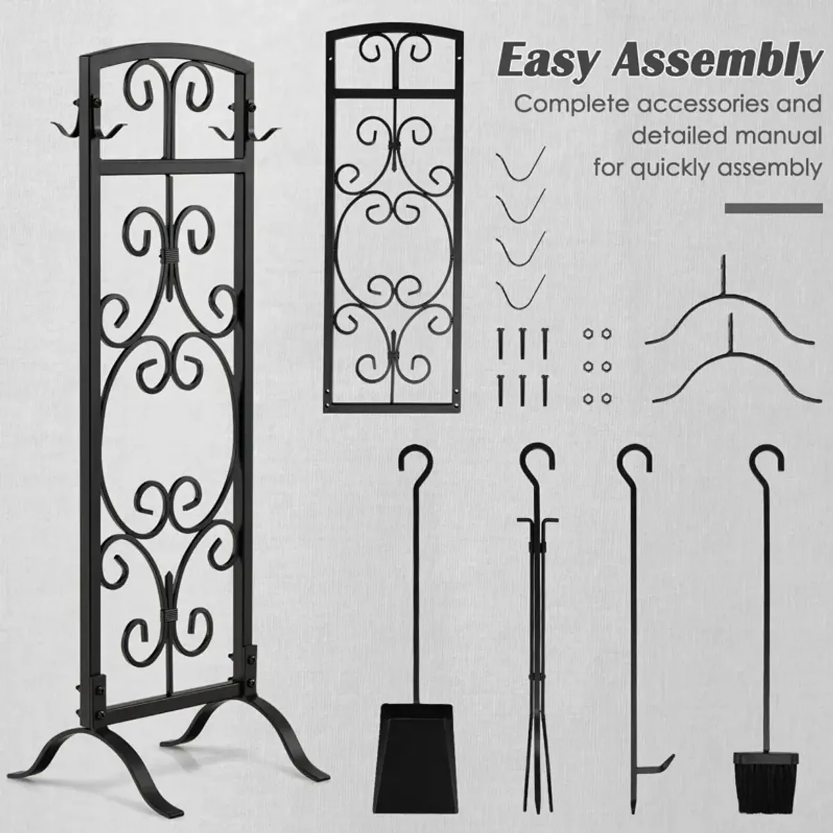 5 Piece Wrought Iron Fireplace Tools with Decor Holder-Black