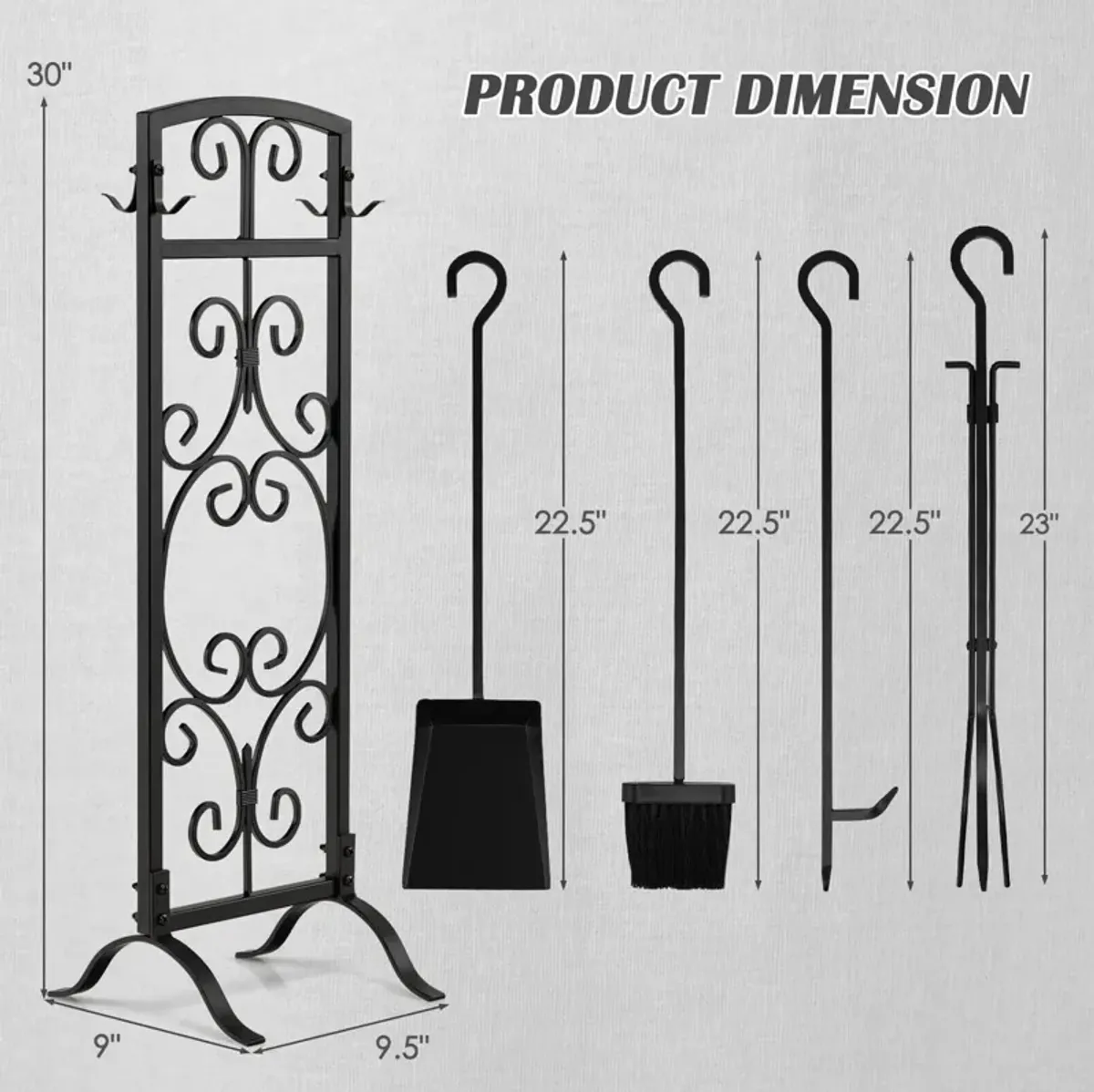 5 Piece Wrought Iron Fireplace Tools with Decor Holder-Black