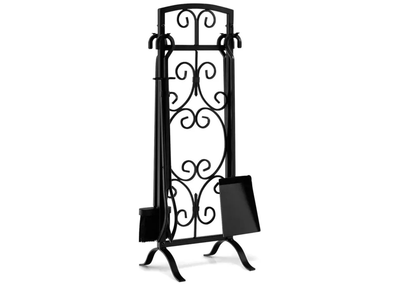 5 Piece Wrought Iron Fireplace Tools with Decor Holder-Black