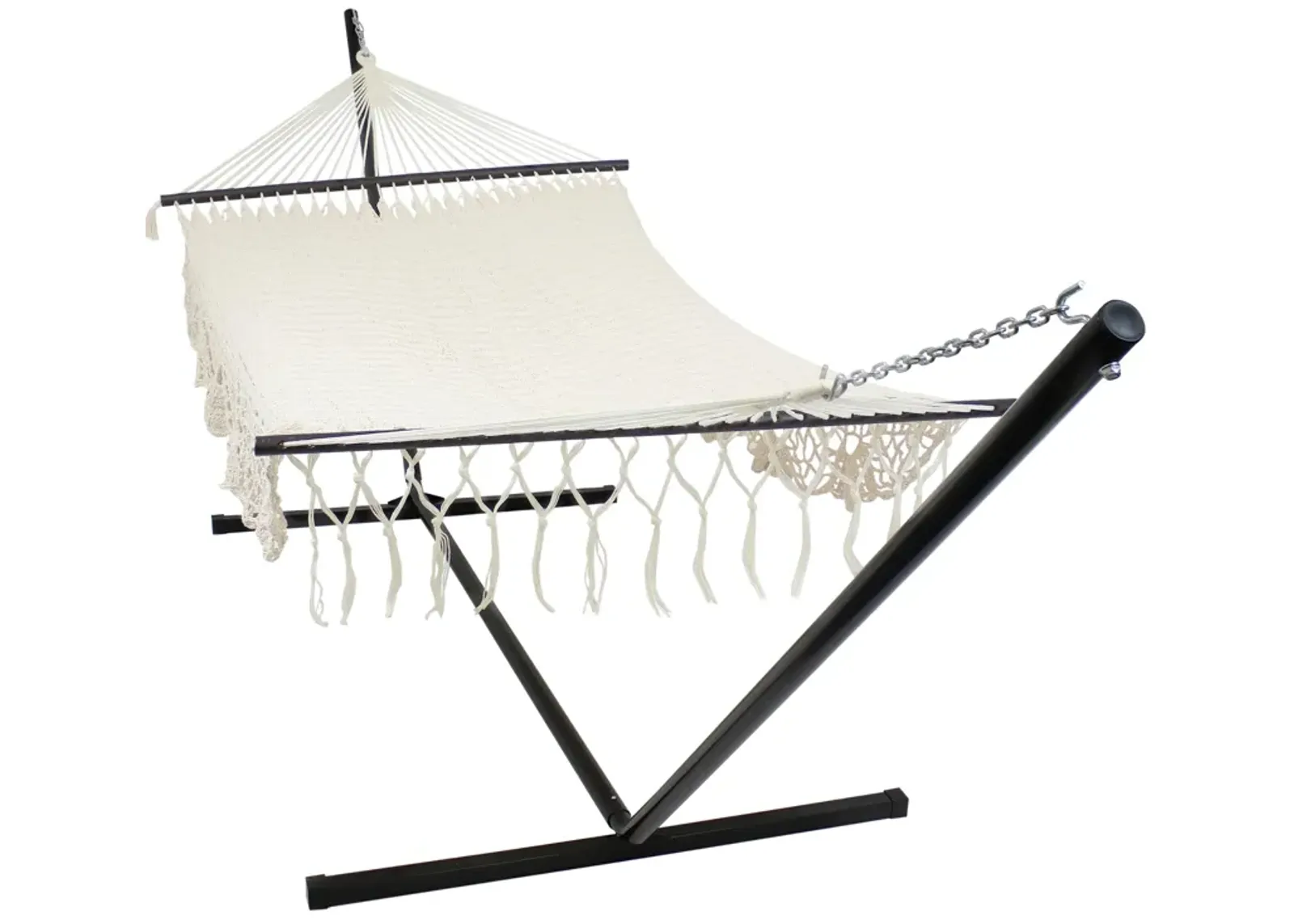 Sunnydaze 2-Person Cotton/Nylon Hammock with Steel Stand and Fringe